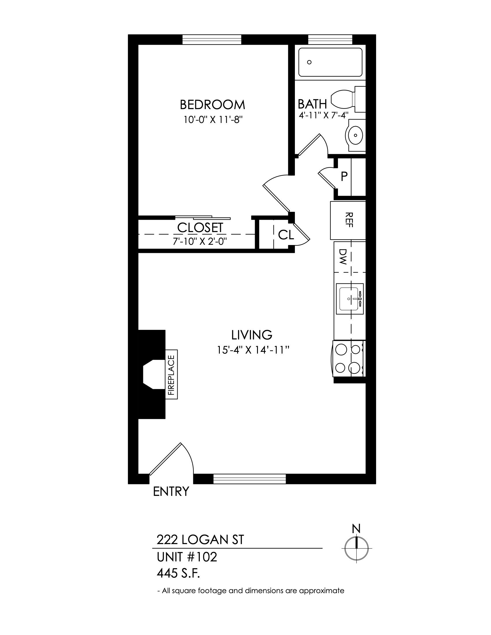 Floor plan for 1 bed, 1 bath, 455 sqft